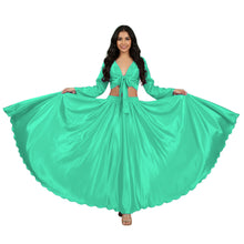 Pista Green Satin Belly Dance Costume, pastel full sleeve performance set.