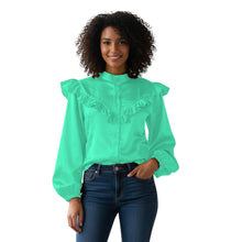 Pista Green Satin Classic Button Down, pastel elegant blouse.