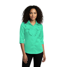 Pista Green Satin Vintage Style Shirt, pastel 3/4 sleeve top.