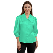 Satin Big Collar Button Down Shirt | Fancy 3/4 Sleeve Top S-3XL S89