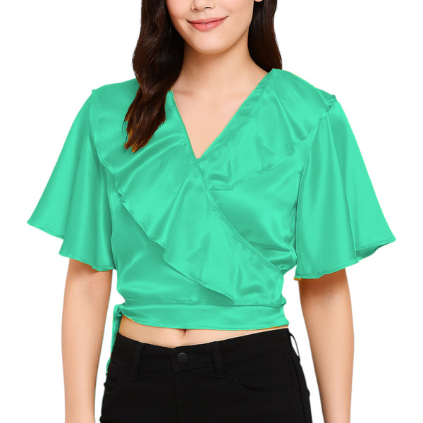 Satin Ruffle Self-Tie Top | Adjustable Crop Blouse S-3XL | 41 Colors S84