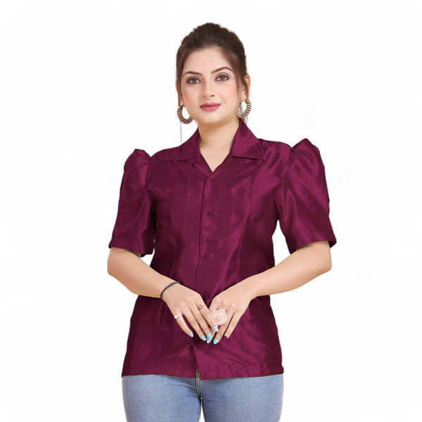 Satin Puff Sleeve Button Down Shirt   S80 - Regular size 3