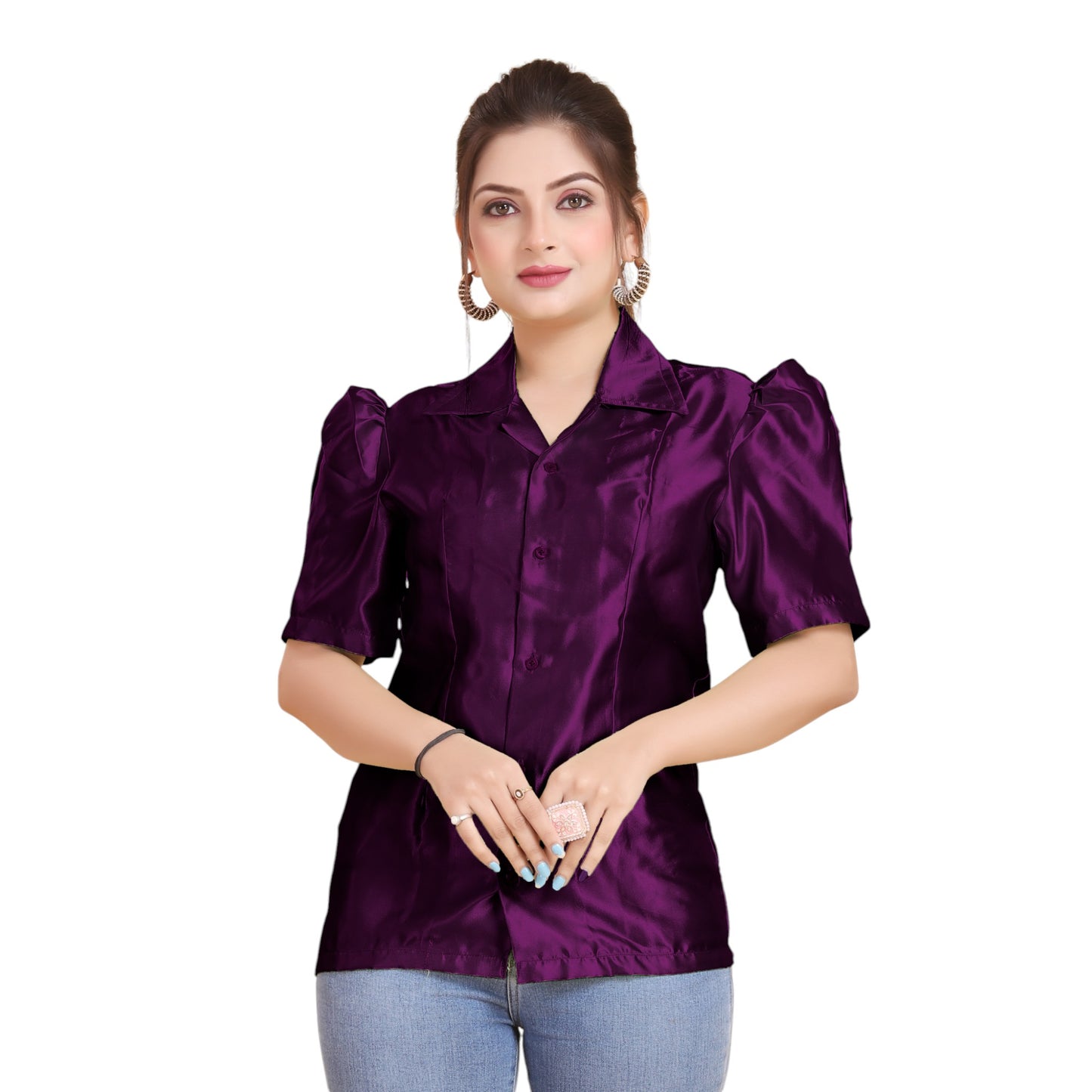 Satin Puff Sleeve Button Down Shirt   S80 - Regular size 3