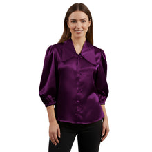 Satin Big Collar Button Down Shirt | Fancy 3/4 Sleeve Top S-3XL S89