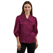 Satin Big Collar Button Down Shirt | Fancy 3/4 Sleeve Top S-3XL S89