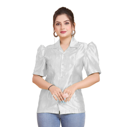 Satin Puff Sleeve Button Down Shirt   S80 - Regular size 3