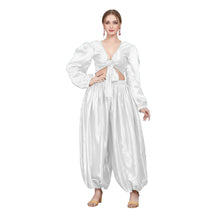 Golden Satin Harem Pant & Ruffle Top, festive performance set.