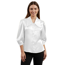 Satin Big Collar Button Down Shirt | Fancy 3/4 Sleeve Top S-3XL S89