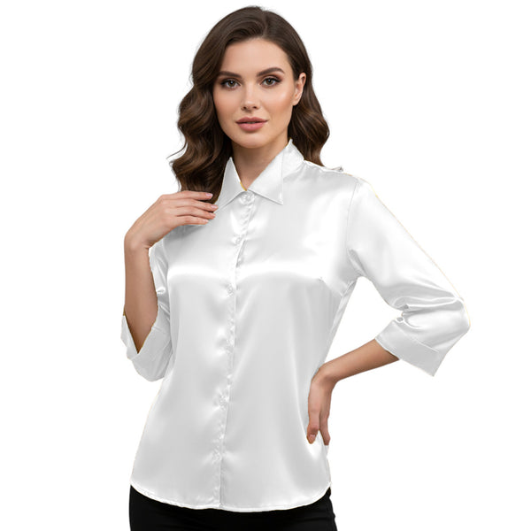 Satin Point Collar Button Down Shirt | 3/4 Sleeve Blouse S-3XL S91