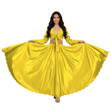 Fluroscent Green Satin Belly Dance Costume, vibrant neon full sleeve set.