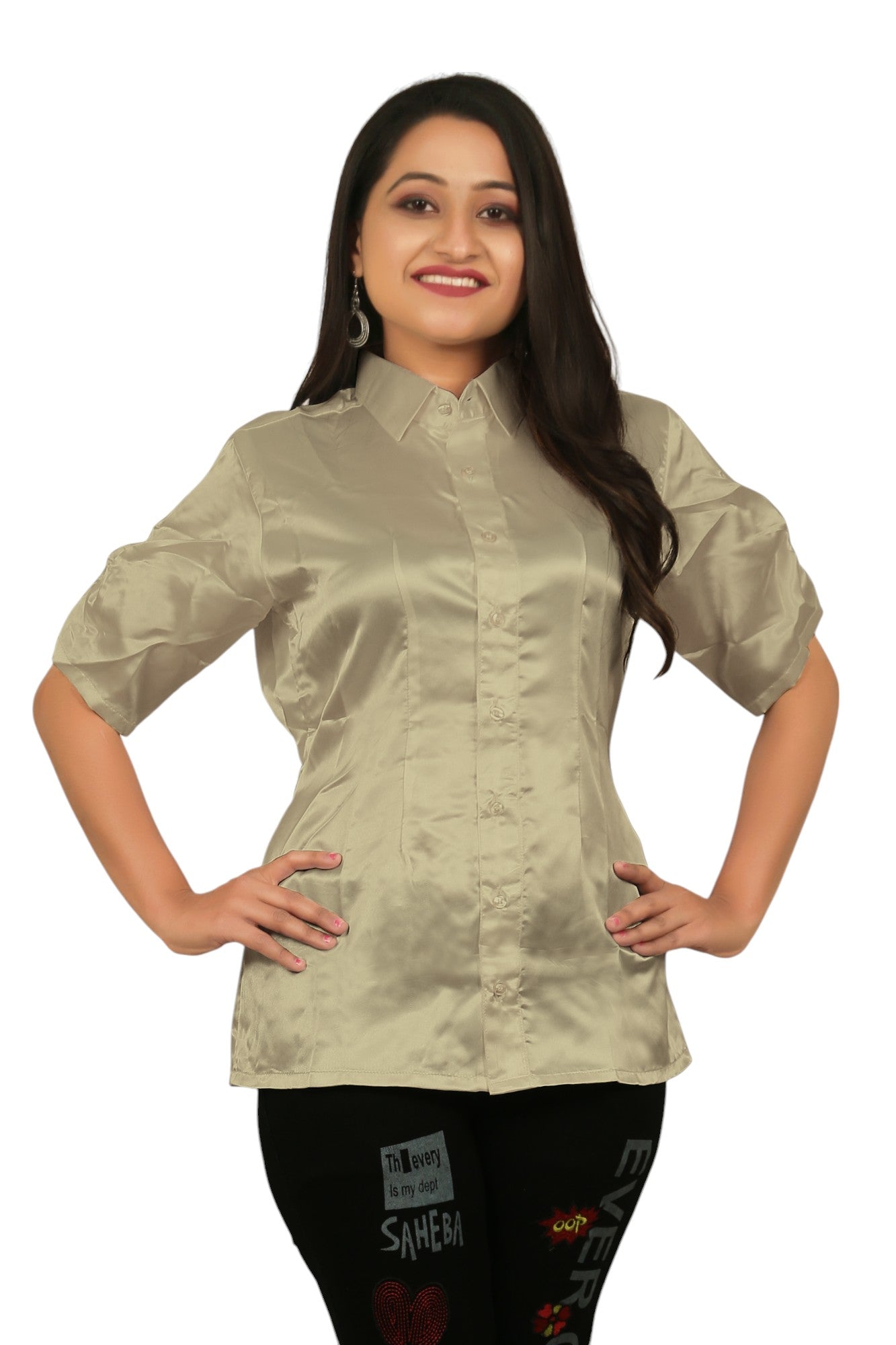 Satin Short Sleeve Button Down Shirt S107 - Regular size 1