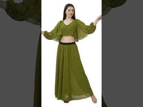 Belly Dance Outfit Set – Half Circle Chiffon Skirt & Ruffle Top | 30 Colors, S-5XL  C35